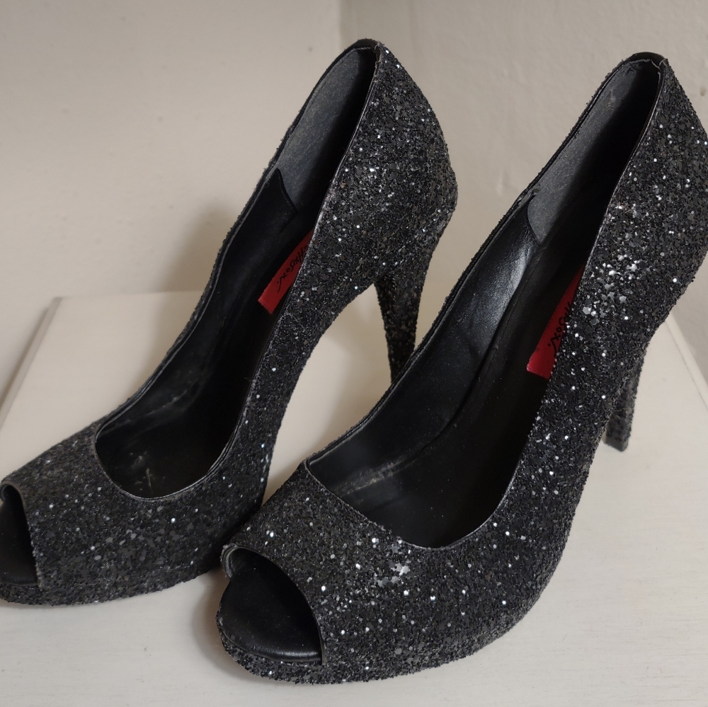 Betsy Johnson Black Sequin Open Toe Stilettos